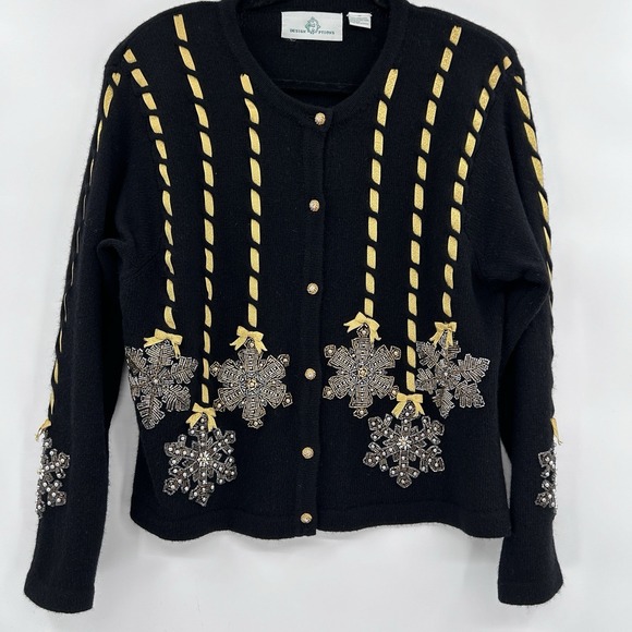 Design Options Sweaters - VTG Design Options Womens Lambswool Snowflake Sweater Size M Black Gold Beaded